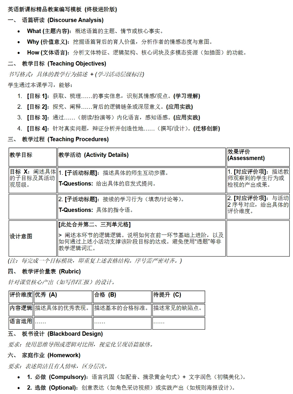 AI 整理出的英语阅读课教案模板